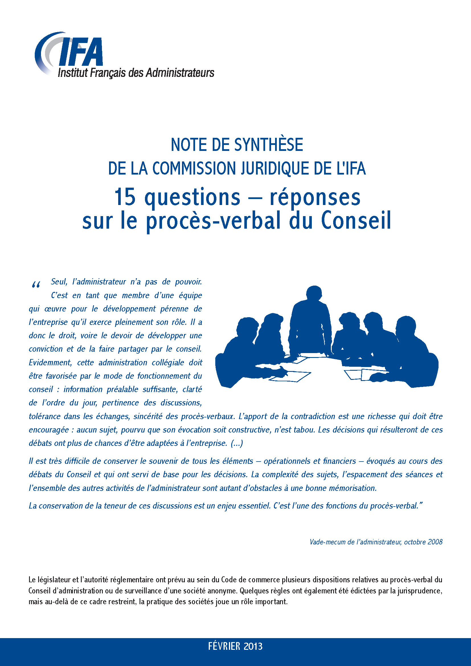 Note de synthèse de la Commission juridique de l'IFA - Procès-verbal du conseil - 15 questions réponses