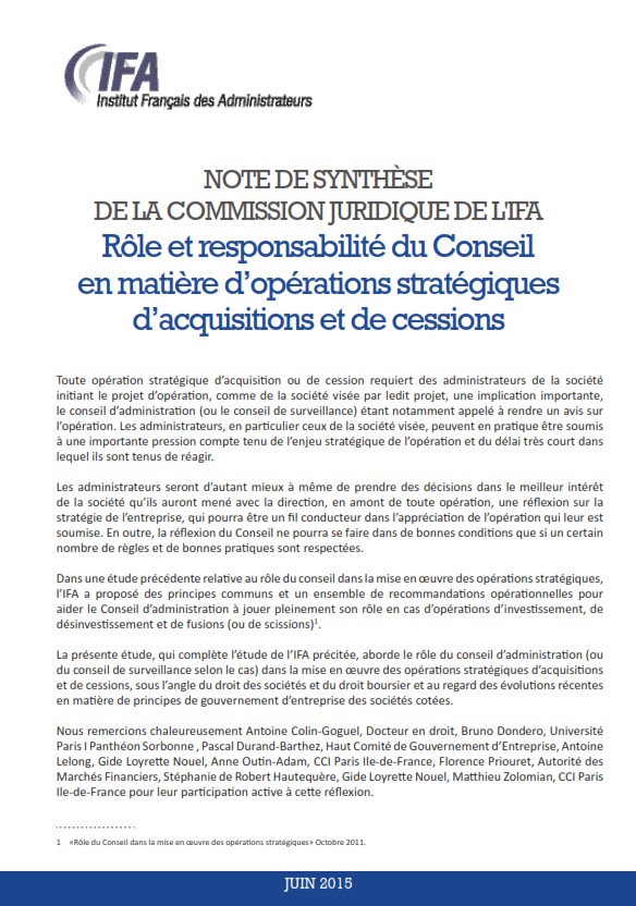 Rôle et responsabilité du Conseil en matière d'opérations stratégiques d'acquisitions et de cessions