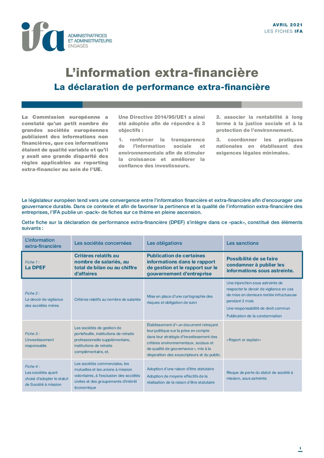 Nouvelle fiche IFA : La déclaration de performance extra-financière