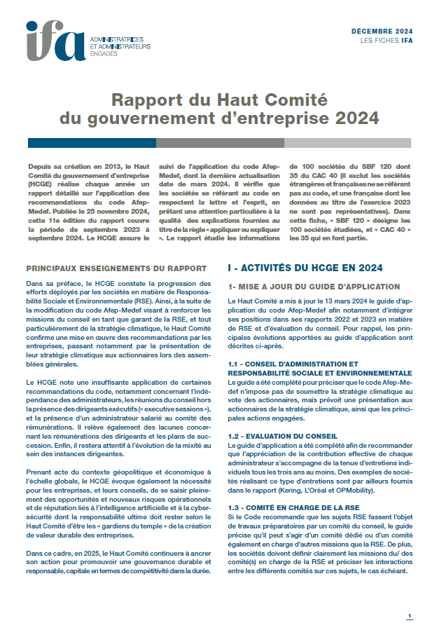 Fiche IFA de l'administrateur - Synthèse du rapport HCGE 2024