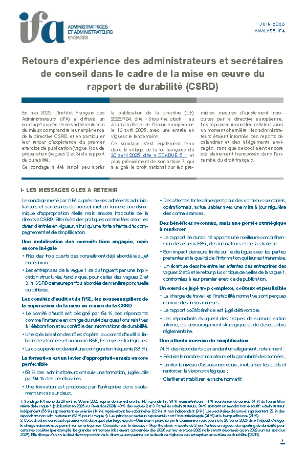 Fiche IFA - Retours d'expérience des administrateurs et secrétaires de conseil dans le cadre de la mise en œuvre du rapport de durabilité (CSRD)