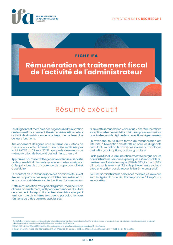 Fiche IFA - Rémunération et traitement fiscal de l’activité de l’administrateur