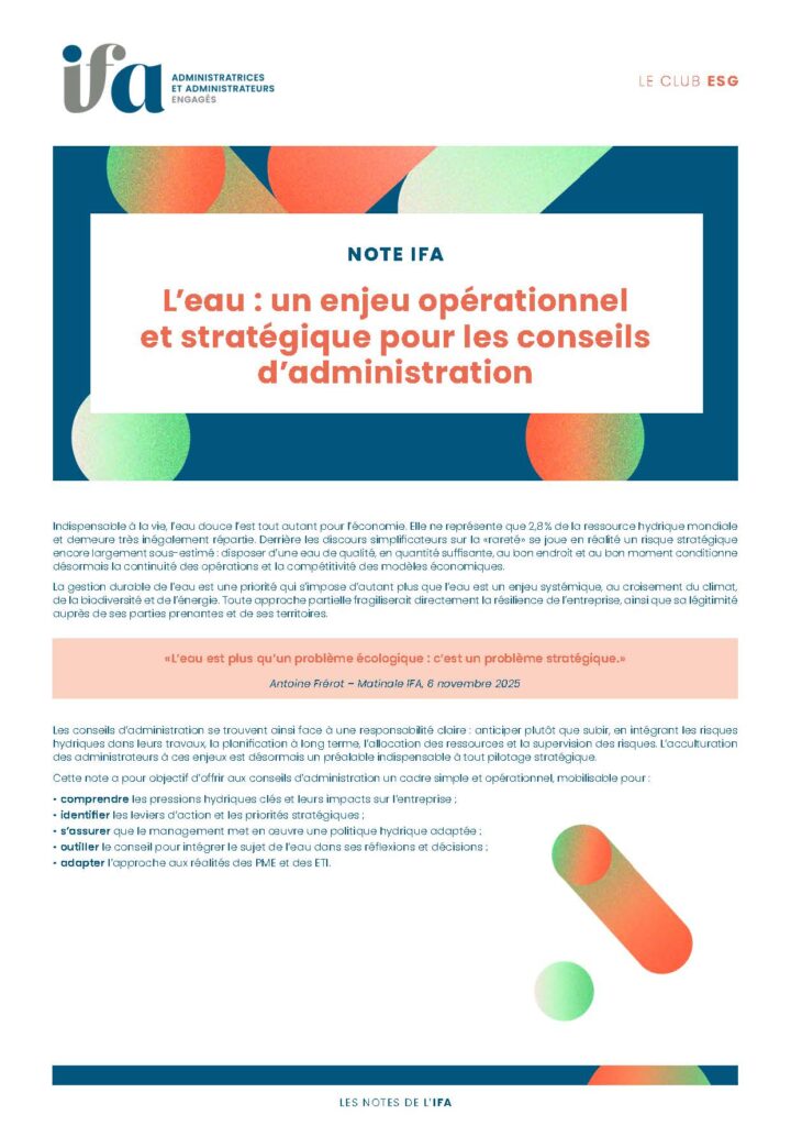 Note - L'eau : un enjeu opérationnel et stratégique pour les conseils d'administrations